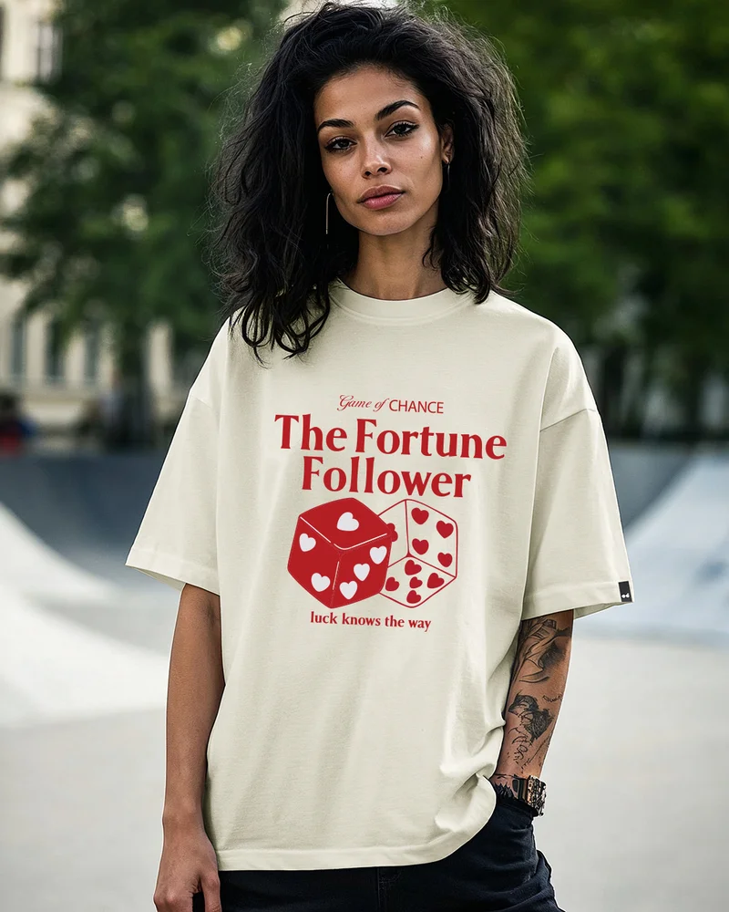 بيواكوف Women's Beige Fortune Graphic Printed Oversized T-shirt